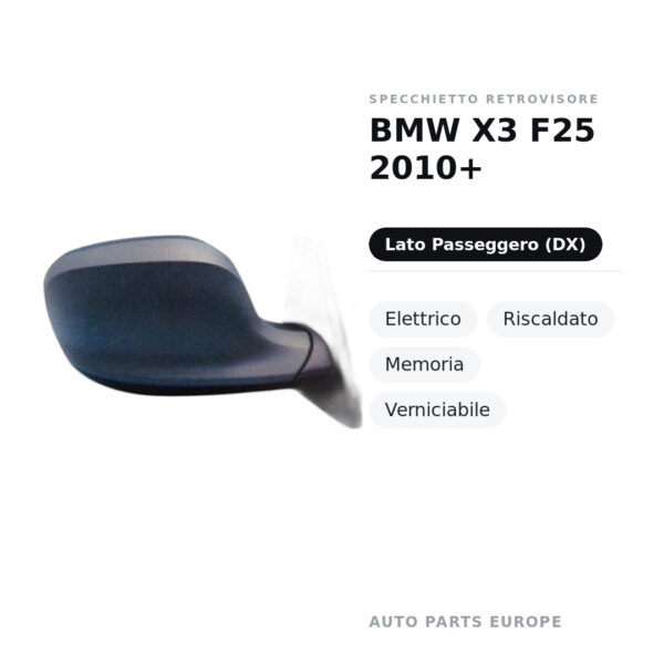 Außenspiegel Rechts BMW X3 F25 2010+ – Elektrisch, Beheizt, Speicher, Lackierbar – Bild 2