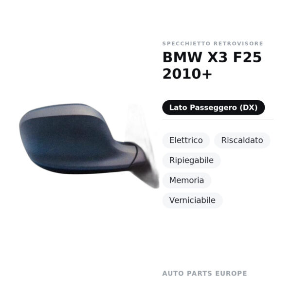 Außenspiegel Rechts BMW X3 F25 2010+ – Elektrisch, Beheizt, Klappbar, Memory, Lackierbar – Bild 2