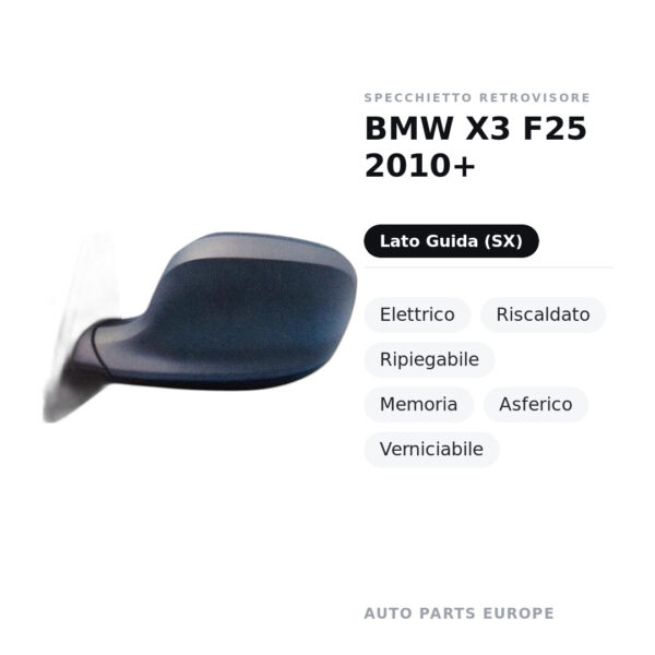 Außenspiegel Links BMW X3 F25 2010+ – Elektrisch, Beheizt, Klappbar, Memory, Asphärisch, Lackierbar – Bild 2