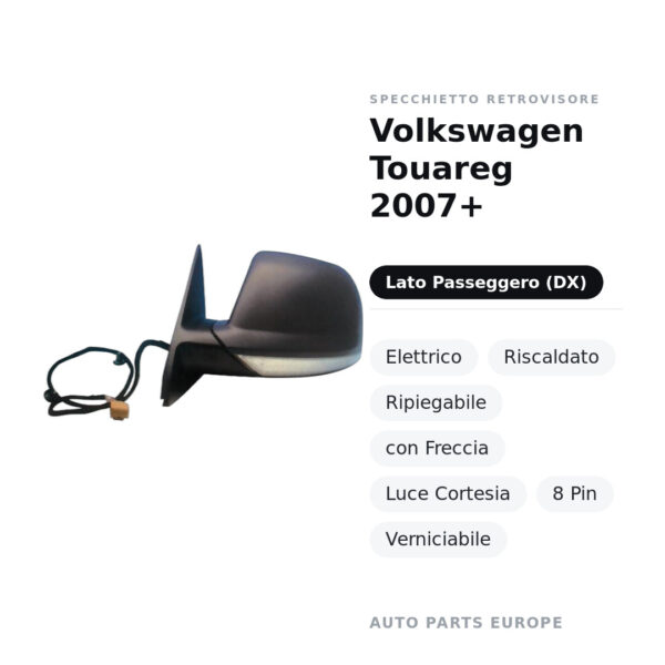 Specchietto Retrovisore Destro Volkswagen Touareg 2007+ – Elettrico, Riscaldato, Ripiegabile, con Freccia, Luce Cortesia, 8