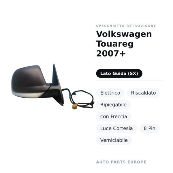 Außenspiegel Links Volkswagen Touareg 2007+ – Elektrisch, Beheizt, Klappbar, mit Blinker, Umgebungslicht, 8-polig