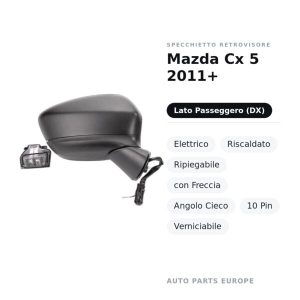 Specchietto Retrovisore Destro Mazda Cx 5 2011+ – Elettrico, Riscaldato, Ripiegabile, con Freccia, Angolo Cieco, 10 Pin