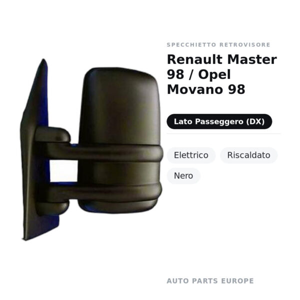 Specchietto Retrovisore Destro Renault Master 98 / Opel Movano 98 – Elettrico, Riscaldato, Nero – foto 2