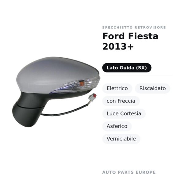 Specchietto Retrovisore Sinistro Ford Fiesta 2013+ – Elettrico, Riscaldato, con Freccia, Luce Cortesia, Asferico