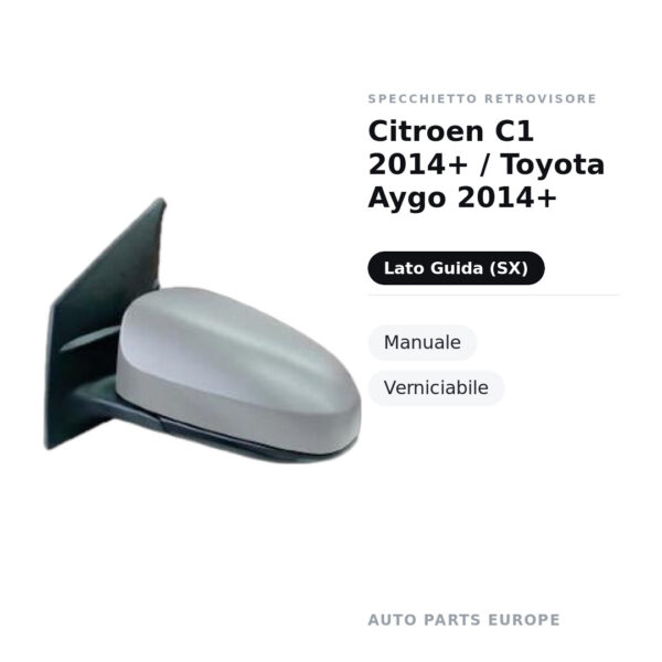 Specchietto Retrovisore Sinistro Citroen C1 2014+ / Toyota Aygo 2014+ – Manuale, Verniciabile – foto 2