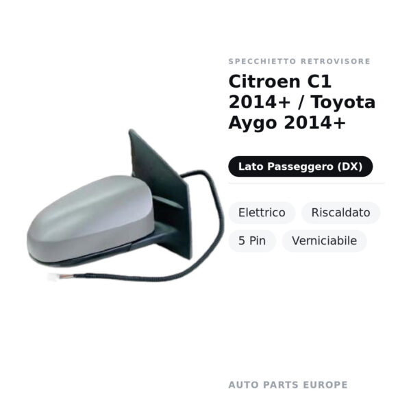 Außenspiegel Rechts Citroen C1 2014+ / Toyota Aygo 2014+ – Elektrisch, Beheizt, 5-polig, Lackierbar – Bild 2