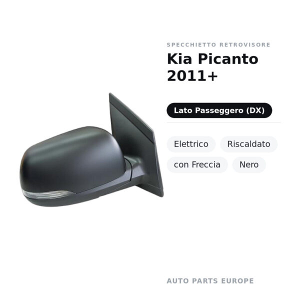 Specchietto Retrovisore Destro Kia Picanto 2011+ – Elettrico, Riscaldato, con Freccia, Nero – foto 2