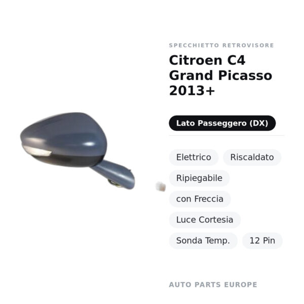 Specchietto Retrovisore Destro Citroen C4 Grand Picasso 2013+ – Elettrico, Riscaldato, Ripiegabile, con Freccia, Luce