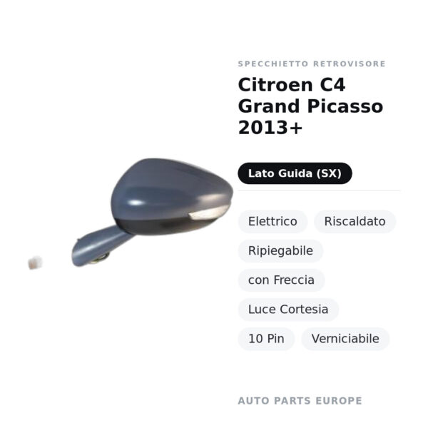 Specchietto Retrovisore Sinistro Citroen C4 Grand Picasso 2013+ – Elettrico, Riscaldato, Ripiegabile, con Freccia, Luce
