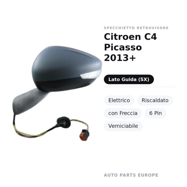 Specchietto Retrovisore Sinistro Citroen C4 Picasso 2013+ – Elettrico, Riscaldato, con Freccia, 6 Pin, Verniciabile – foto 2