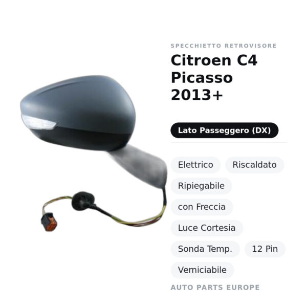 Specchietto Retrovisore Destro Citroen C4 Picasso 2013+ – Elettrico, Riscaldato, Ripiegabile, con Freccia, Luce Cortesia