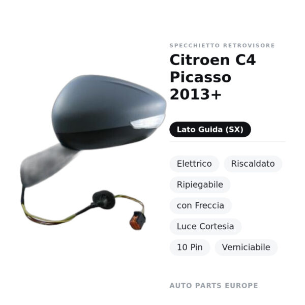 Außenspiegel Links Citroen C4 Picasso 2013+ – Elektrisch, Beheizt, Klappbar, mit Blinker, Umgebungslicht, 10-polig