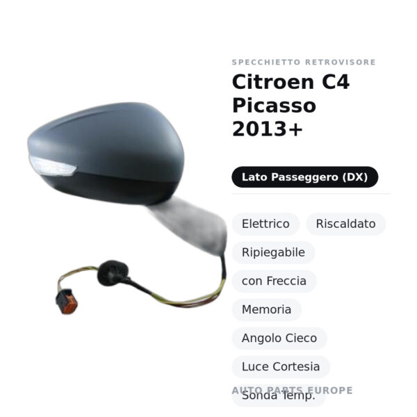 Specchietto Retrovisore Destro Citroen C4 Picasso 2013+ – Elettrico, Riscaldato, Ripiegabile, con Freccia, Memoria, Angolo