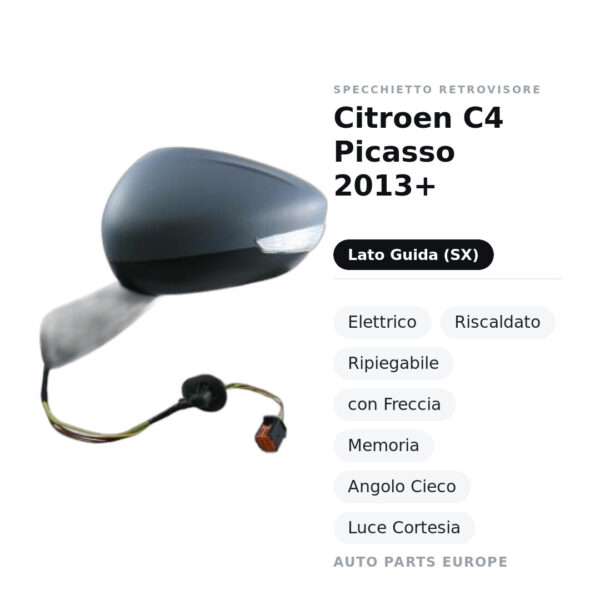 Specchietto Retrovisore Sinistro Citroen C4 Picasso 2013+ – Elettrico, Riscaldato, Ripiegabile, con Freccia, Memoria, Angolo
