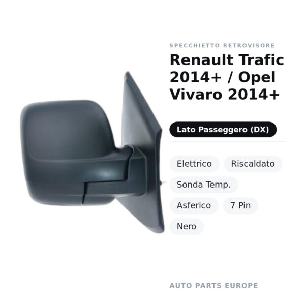 Specchietto Retrovisore Destro Renault Trafic 2014+ / Opel Vivaro 2014+ – Elettrico, Riscaldato, Sonda Temp., Asferico, 7