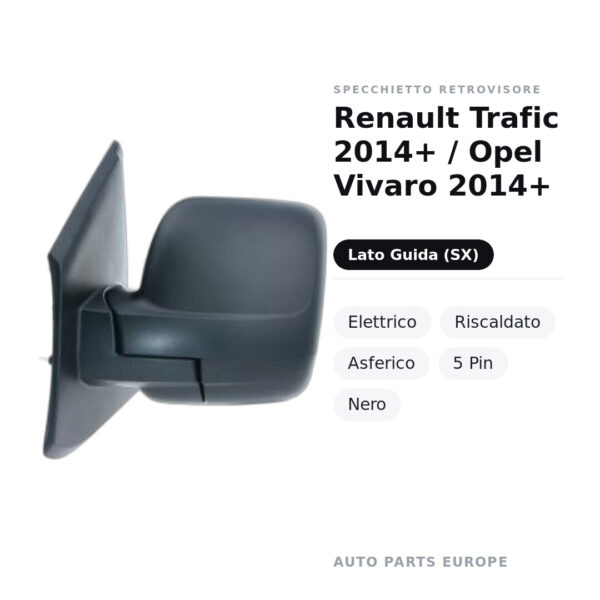 Außenspiegel Links Renault Trafic 2014+ / Opel Vivaro 2014+ – Elektrisch, Beheizt, Asphärisch, 5 Pin, Schwarz – Bild 2