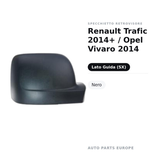 Calotta Specchietto Retrovisore Sinistro Renault Trafic 2014+ / Opel Vivaro 2014 – Nera – foto 2