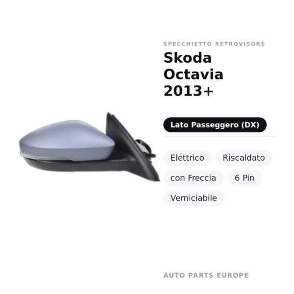 Specchietto Retrovisore Destro Skoda Octavia 2013+ – Elettrico, Riscaldato, con Freccia, 6 Pin, Verniciabile – foto 2