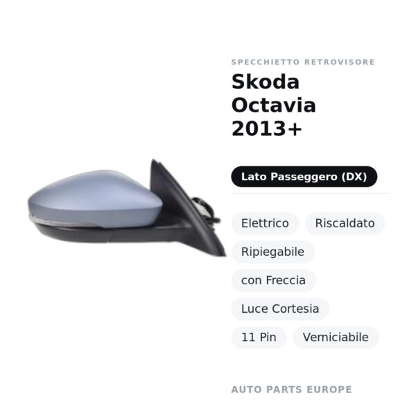 Specchietto Retrovisore Destro Skoda Octavia 2013+ – Elettrico, Riscaldato, Ripiegabile, con Freccia, Luce Cortesia, 11 Pin