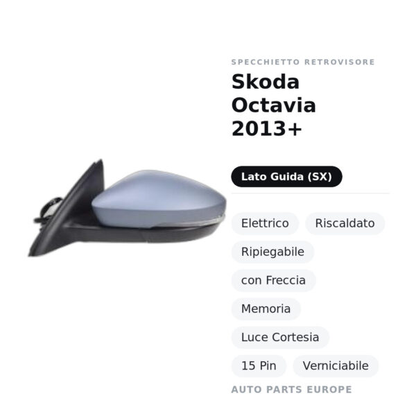 Specchietto Retrovisore Sinistro Skoda Octavia 2013+ – Elettrico, Riscaldato, Ripiegabile, con Freccia, Memoria, Luce