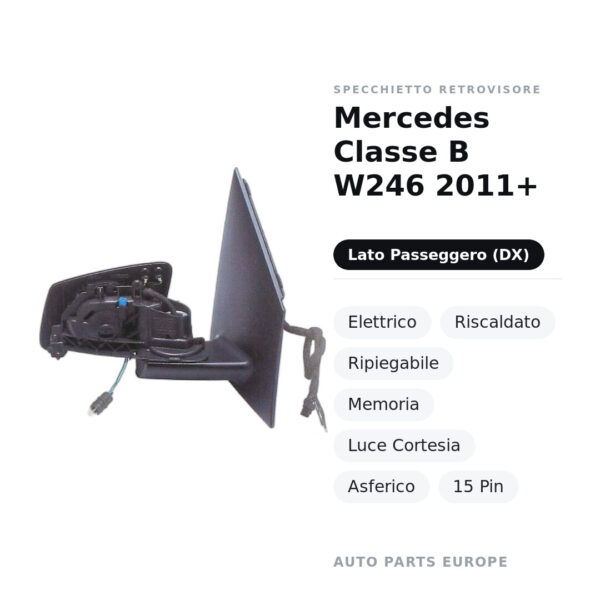 Specchietto Retrovisore Destro Mercedes Classe B W246 2011+ – Elettrico, Riscaldato, Ripiegabile, Memoria, Luce Cortesia