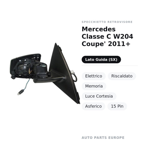 Specchietto Retrovisore Sinistro Mercedes Classe C W204 Coupe’ 2011+ – Elettrico, Riscaldato, Memoria, Luce Cortesia