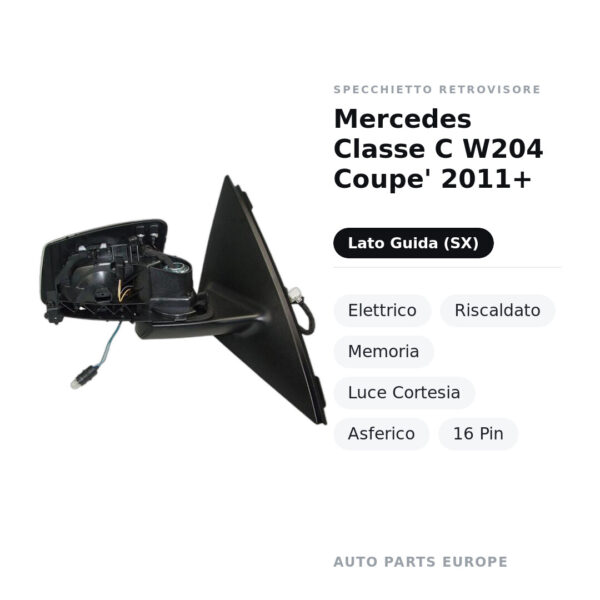 Specchietto Retrovisore Sinistro Mercedes Classe C W204 Coupe’ 2011+ – Elettrico, Riscaldato, Memoria, Luce Cortesia