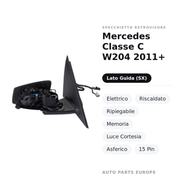 Specchietto Retrovisore Sinistro Mercedes Classe C W204 2011+ – Elettrico, Riscaldato, Ripiegabile, Memoria, Luce Cortesia