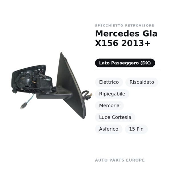 Außenspiegel Rechts Mercedes Gla X156 2013+ – Elektrisch, Beheizt, Klappbar, Memory, Umfeldleuchte, Asphärisch, 15 Pin
