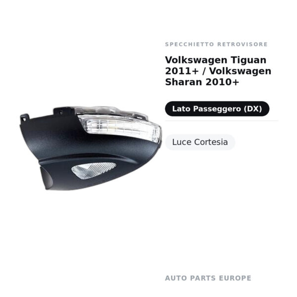 Specchietto Retrovisore Destro Volkswagen Tiguan 2011+ / Volkswagen Sharan 2010+ – Luce Cortesia – foto 2