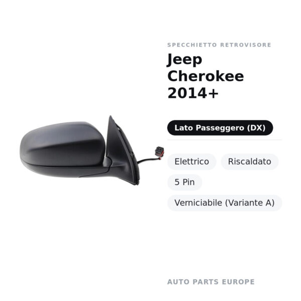 Außenspiegel Rechts Jeep Cherokee 2014+ – Elektrisch, Beheizt, 5-polig, Lackierbar (Variante A) – Bild 2