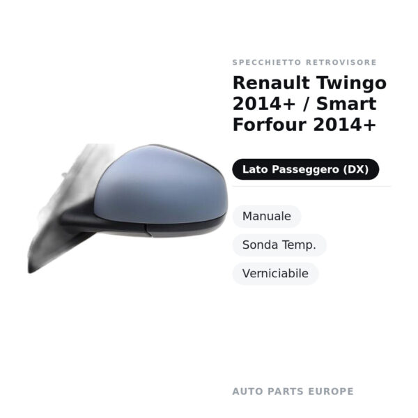 Außenspiegel Rechts Renault Twingo 2014+ / Smart Forfour 2014+ – Manuell, Temperatursensor, Lackierbar – Bild 2
