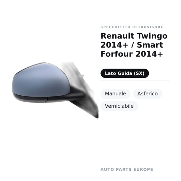 Außenspiegel Links Renault Twingo 2014+ / Smart Forfour 2014+ – Manuell, Asphärisch, Lackierbar – Bild 2