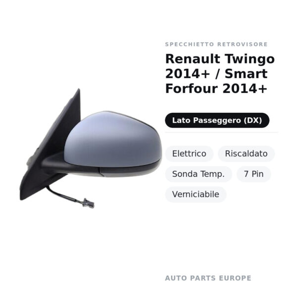 Specchietto Retrovisore Destro Renault Twingo 2014+ / Smart Forfour 2014+ – Elettrico, Riscaldato, Sonda Temp., 7 Pin