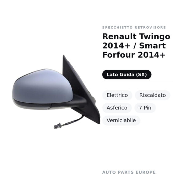 Specchietto Retrovisore Sinistro Renault Twingo 2014+ / Smart Forfour 2014+ – Elettrico, Riscaldato, Asferico, 7 Pin