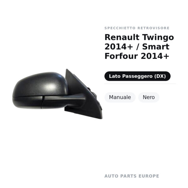 Specchietto Retrovisore Destro Renault Twingo 2014+ / Smart Forfour 2014+ – Manuale, Nero – foto 2