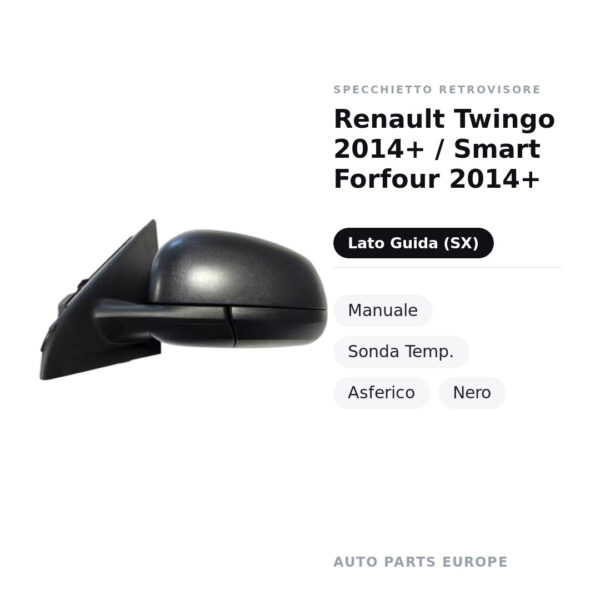 Specchietto Retrovisore Sinistro Renault Twingo 2014+ / Smart Forfour 2014+ – Manuale, Sonda Temp., Asferico, Nero – foto 2