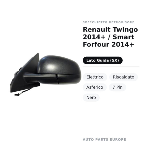 Außenspiegel Links Renault Twingo 2014+ / Smart Forfour 2014+ – Elektrisch, Beheizt, Asphärisch, 7-polig, Schwarz – Bild 2