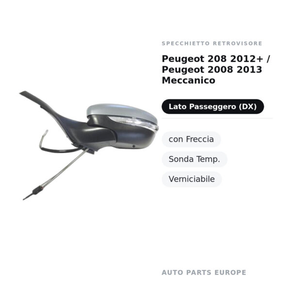 Specchietto Retrovisore Destro Peugeot 208 2012+ / Peugeot 2008 2013 Meccanico – con Freccia, Sonda Temp., Verniciabile