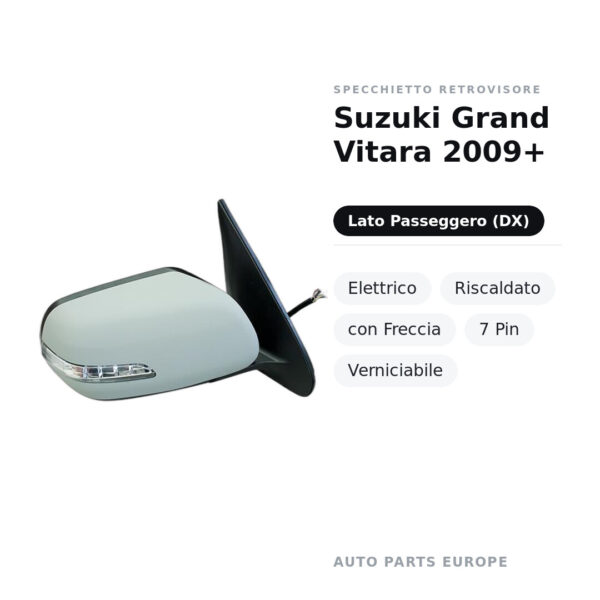 Specchietto Retrovisore Destro Suzuki Grand Vitara 2009+ – Elettrico, Riscaldato, con Freccia, 7 Pin, Verniciabile – foto 2