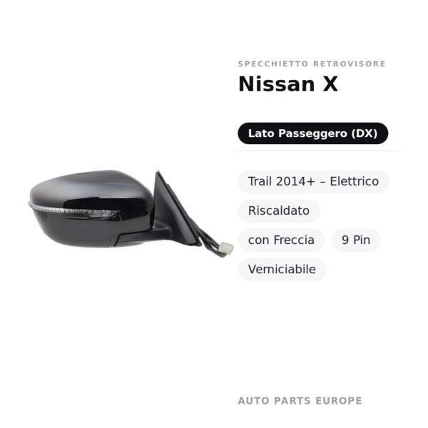 Specchietto Retrovisore Destro Nissan X-Trail 2014+ – Elettrico, Riscaldato, con Freccia, 9 Pin, Verniciabile – foto 2