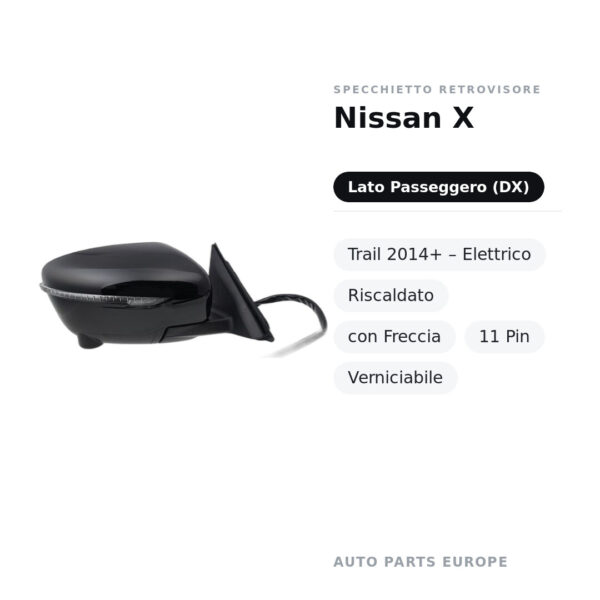 Specchietto Retrovisore Destro Nissan X-Trail 2014+ – Elettrico, Riscaldato, con Freccia, 11 Pin, Verniciabile – foto 2