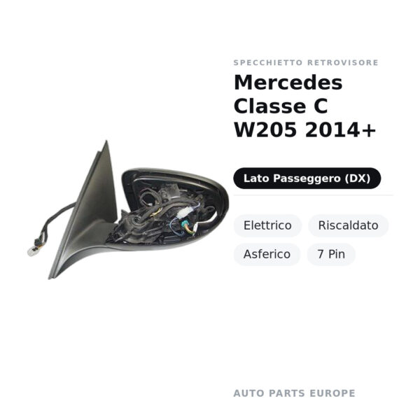 Specchietto Retrovisore Destro Mercedes Classe C W205 2014+ – Elettrico, Riscaldato, Asferico, 7 Pin – foto 2