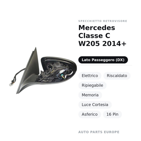 Außenspiegel Rechts Mercedes C-Klasse W205 2014+ – Elektrisch, Beheizt, Klappbar, Speicher, Umgebungslicht, Asphärisch