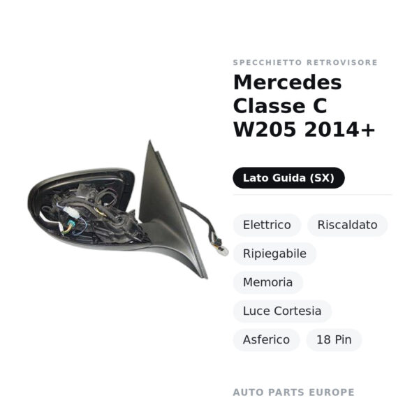Specchietto Retrovisore Sinistro Mercedes Classe C W205 2014+ – Elettrico, Riscaldato, Ripiegabile, Memoria, Luce Cortesia