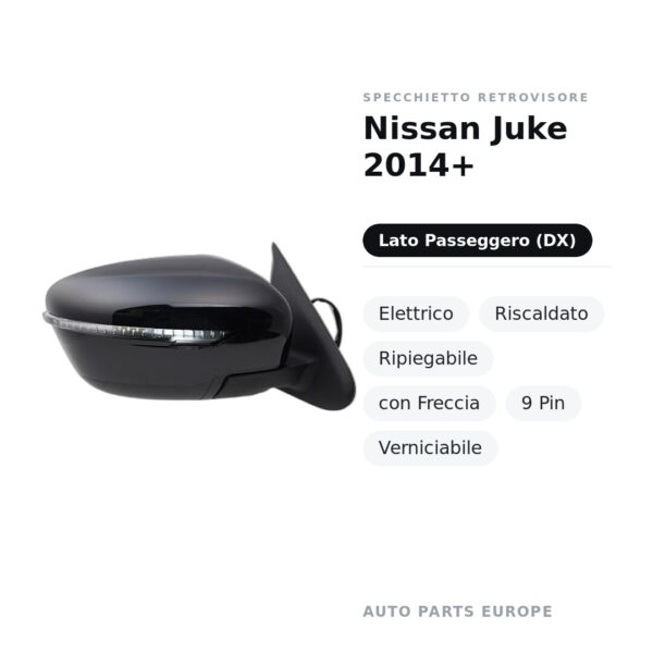 Specchietto Retrovisore Destro Nissan Juke 2014+ – Elettrico, Riscaldato, Ripiegabile, con Freccia, 9 Pin, Verniciabile