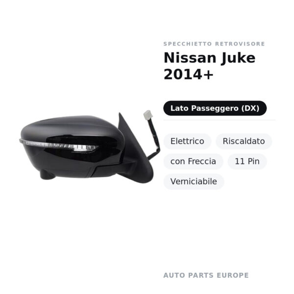 Specchietto Retrovisore Destro Nissan Juke 2014+ – Elettrico, Riscaldato, con Freccia, 11 Pin, Verniciabile – foto 2