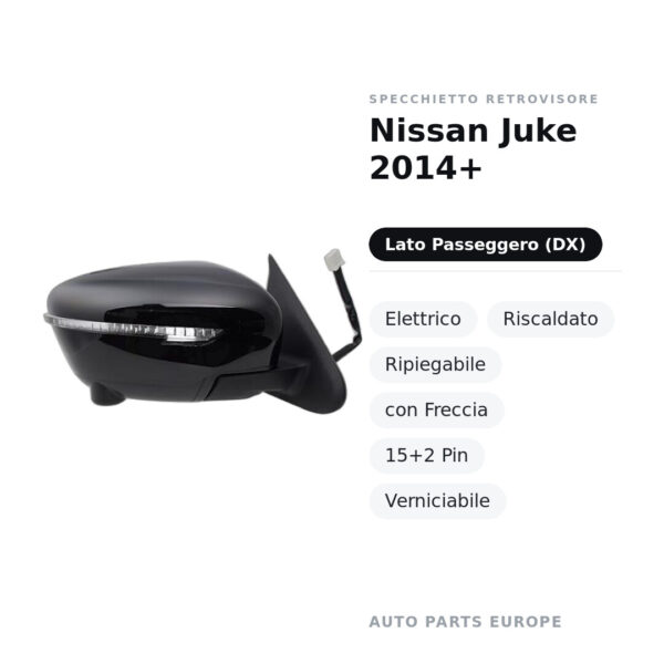 Specchietto Retrovisore Destro Nissan Juke 2014+ – Elettrico, Riscaldato, Ripiegabile, con Freccia, 15+2 Pin, Verniciabile