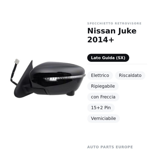 Specchietto Retrovisore Sinistro Nissan Juke 2014+ – Elettrico, Riscaldato, Ripiegabile, con Freccia, 15+2 Pin, Verniciabile