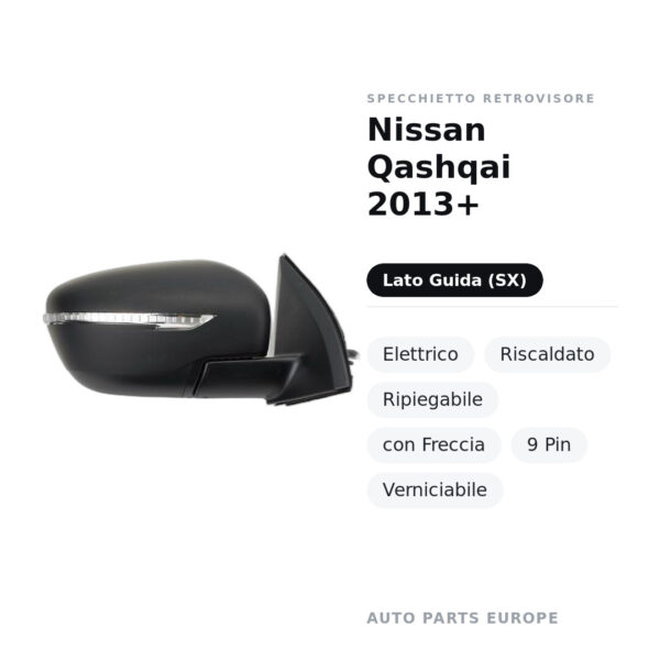 Specchietto Retrovisore Sinistro Nissan Qashqai 2013+ – Elettrico, Riscaldato, Ripiegabile, con Freccia, 9 Pin, Verniciabile